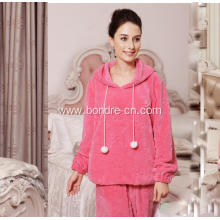 Ladies Jacquard Flannel Pajama Suit With Hood And Pompom